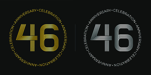 46th birthday. Forty-six years anniversary celebration banner in golden and silver colors. Circular logo with original numbers design in elegant lines.
