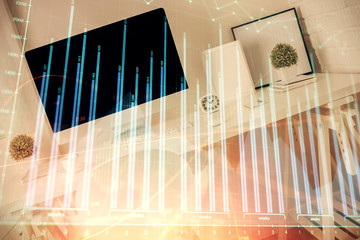 Double exposure of financial graph drawing and office interior background. Concept of stock market.