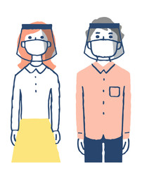 マスクとフェイスシールドしている男女2人