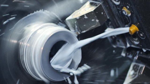 High technology manufacturing process. CNC Milling operation on the sample work pieces. Oil circulating cooler for spindle. Cooling workpieces with water or atomization liquid through or spray nozzle
