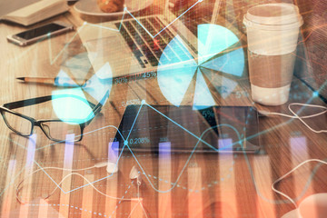 Double exposure of financial graph drawing and cell phone background. Concept of forex trading