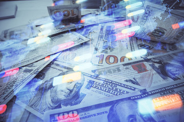 Double exposure of data theme drawing over us dollars bill background. Technology concept.