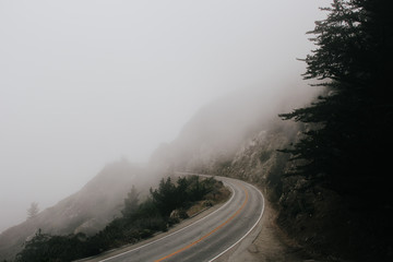 curved road by the ocean covered in fog