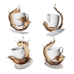 3d render, empty white cup with brown liquid splash of tea or coffee drink perspective view set,...