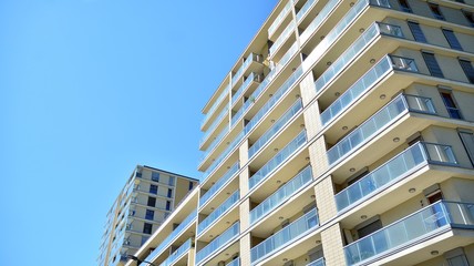 Architectural details of modern apartment building. Modern european residential apartment building complex.