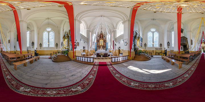 NESTANISHKI, BELARUS - JULY 2020: Full spherical seamless hdri panorama 360 degrees angle inside interior of neo gothic catholic church in equirectangular projection, VR AR content