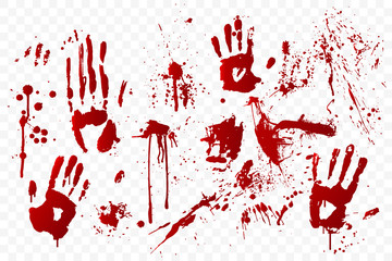Vector blood stain and bloody handprints isolated on transparent background. Red paint splashes. Crime scene. Vampire bite. Halloween decoration element. Horror backdrop. Vector illustration. - obrazy, fototapety, plakaty
