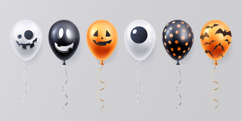 Collection of funny halloween balloons with spooky face. White, black and orange balloon set. Decoration element for halloween celebration. Vector illustration. © alexandertrou