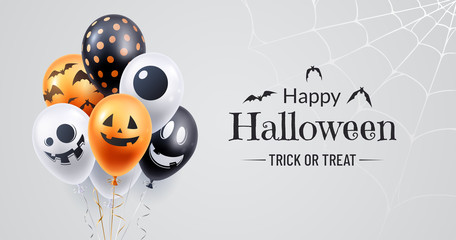 Happy halloween banner design. Halloween background with a bunch of helium balloons and spooky spiderweb in the corner. Use for party invite, greeting card, sales announcement. Vector illustration.