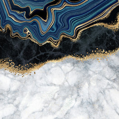 abstract background, blue agate with golden veins, white and black marble, fake painted artificial stone texture, marbled surface, digital marbling illustration - 372100733