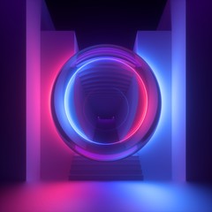 3d render, abstract modern minimal background, pink blue neon light, reflection inside glass ball. Empty staircase perspective. Futuristic urban concept