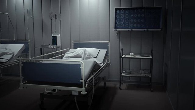 Isolated empty bed in hospital,  closeup on abandoned bed in medical room.