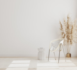 empty room with a chair, pampas grass, rug and empty white wall, modern living room interior background, living room interior mock up, scandinavian style, 3d rendering