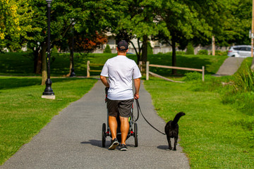 A young caucasian man wearing baseball hat, t shirt and shorts is strolling in the park while walking his dog. He also takes his kid outside with the stroller he is pushing on the asphalt path.