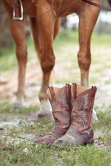 The legs of a red-colored quaterhorse and cowboy old boots in the foreground