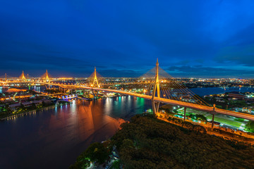 Bangkok city scape. The Bhumibol Bridge at twilight official name The Industrial Ring Road Bridge, Bangkok Thailand