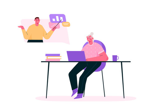 Senior education online. E-learning for old people. Senior woman studying, watching online courses on laptop, getting academic degree. Webinar, internet seminar. Vector isolated flat illustration.