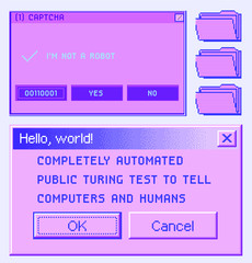 Old user interface elements, retro message box with buttons. Vaporwave and retrowave style aesthetics.