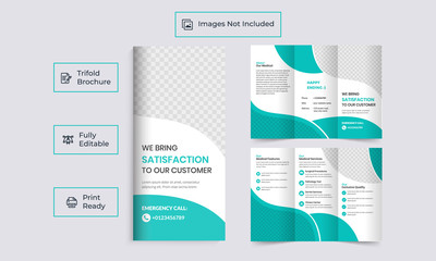 Tri fold brochure design. Blue template for tri fold flyer. Layout with modern triangle photo and abstract background. Creative medical and doctor trifold brochure template.
