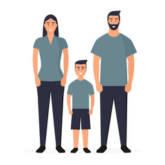 Familia. Familia tradicional. Padre, madre e hijo. Concepto de seguro médico familiar. Ilustración vectorial estilo plano aislado en fondo blanco