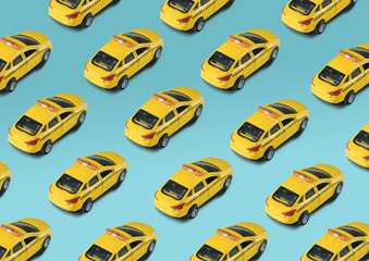 Pattern with toy machine yellow cab on white background. Public taxi service concept. Urban taxi online application.
