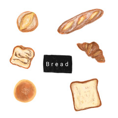 Bakery set hand drawn illustration. Bread, baguette, croissant. Front view detailed illustrations