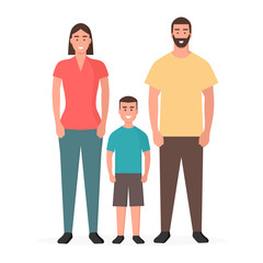 Familia. Familia tradicional. Padre, madre e hijo. Concepto de seguro médico familiar. Ilustración vectorial estilo plano aislado en fondo blanco