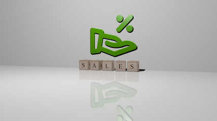 sales text of cubic dice letters on the floor and 3D icon on the wall, 3D illustration for business and background