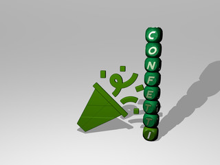 confetti text beside the 3D icon, 3D illustration for background and celebration