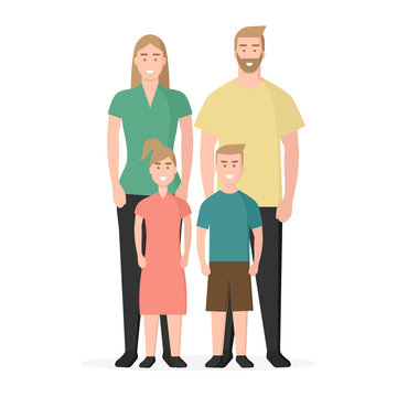 Familia. Familia tradicional. Padre, madre, hijo e hija. Concepto de seguro médico familiar. Ilustración vectorial estilo plano aislado en fondo blanco