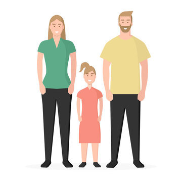 Familia. Familia tradicional. Padre, madre e hija. Concepto de seguro médico familiar. Ilustración vectorial estilo plano aislado en fondo blanco