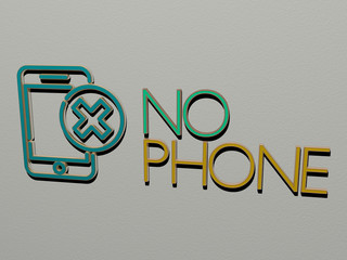 3D representation of NO PHONE with icon on the wall and text arranged by metallic cubic letters on a mirror floor for concept meaning and slideshow presentation for mobile and business