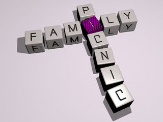 family picnic crossword by cubic dice letters, 3D illustration for child and happy