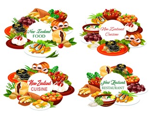 New Zeland cuisine vector round frames pork with apples and prunes, afghan cookies, Pavlova cake, mussels with cheese, oyster soup, steak, fish and potatoes, roast lamb with chutney Nz dishes posters