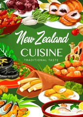 New Zeland cuisine, vector food pork with apples and prunes, afghan cookies, mussels with cheese, oyster soup, steak. Fish and potatoes, roast lamb with chutney, baked pork with vegetables dishes
