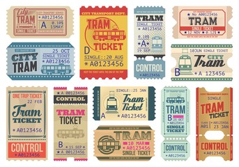 Vintage tram tickets isolated vector templates, transportation retro pass cards, trip paper coupons with perforated cut lines. Boarding tram single ticket control with date, city transport access set - obrazy, fototapety, plakaty