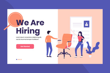 Landing Page Header We Are Hiring concept. Vacant position. Empty Office Chair. Can be used for Template, UI, Website, Mobile Application, Poster, Banner. Flat vector illustration. Hand drawn style