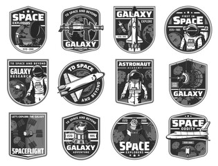 Outer space exploration, galaxy adventure black and white icons. Spaceships and artificial satellites, orbital telescope and shuttle orbiter, astronaut in outer space monochrome illustrations set © Vector Tradition
