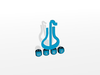 harp cubic letters with 3D icon on the top, 3D illustration for musical and music