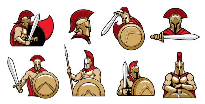 Spartan warriors, knights with helmet and shield, Medieval gladiator in armor with sword, vector heraldic icons. Spartan knight or gladiator and royal warrior in paladin and red plume helmet