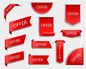Sale offer red vector banners, ribbons and labels. Isolated internet business corners, realistic discount silk scarlet promotional event banners, shopping flags, tags, sale offer badges or 3d icon set