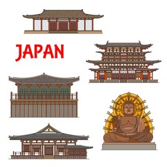 Japanese temples, shrines and pagodas in Nara, Japan, vector Buddhism architecture, Buddha statue landmark. Sangatsu-do, Nigatsudo and Sin Yakushiji, temples, Big Buddha and Kondo monastery main hall