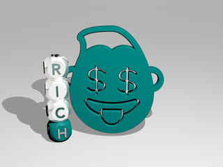 3D illustration of rich graphics and text around the icon made by metallic dice letters for the related meanings of the concept and presentations for background and money