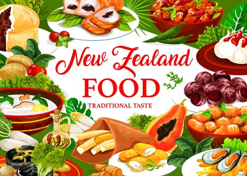 New Zeland cuisine, vector dishes pork with apples and prunes, afghan cookies. Pavlova cake, oyster soup, meat pie, fish and potatoes. Roast lamb with chutney, baked pork with vegetables NZ food meals