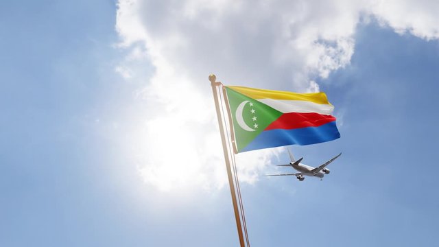 Flag of Comoros Waving with Airplane arriving or departing, Realistic Animation