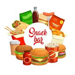 Fast food round banner vector burger, ketchup and coffee cup, noodles with shrimps, burritos and chips pack with cola bottle. Cartoon frame with takeaway sandwich, chicken nuggets, sausage and popcorn