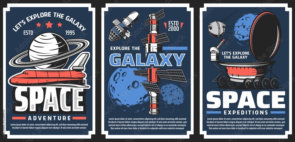Poster spaceship for galaxy exploration vector banners. shuttle orbiter, spacecrafts or orbital station mod