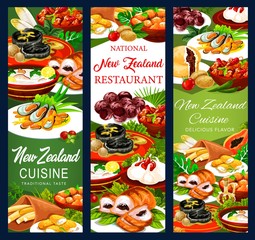New Zeland food cuisine, vector pork with apples and prunes, afghan cookies, Pavlova cake, mussels with cheese, oyster soup, steak, meat pie, roast lamb with chutney, baked pork with vegetable banners
