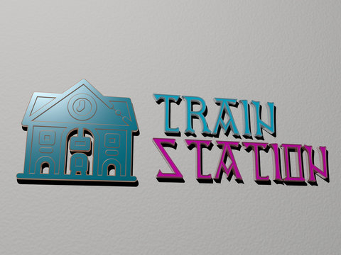3D graphical image of train station vertically along with text built by metallic cubic letters from the top perspective, excellent for the concept presentation and slideshows for editorial and
