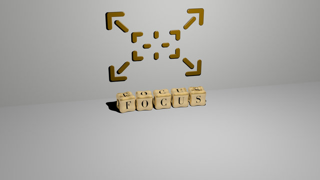 FOCUS 3D icon on the wall and cubic letters on the floor, 3D illustration for background and selective